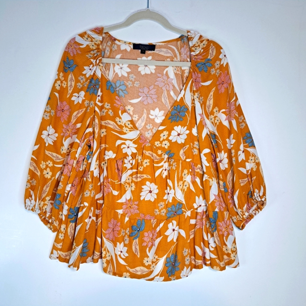 Rachel Roy Womens Blouse Boho Medium Gold Floral Top Blouson Sleeves Deep V Neck
